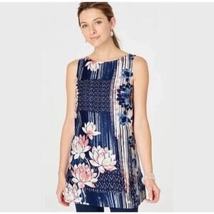 J. Jill Pure Size XS Linen Printed Floral Tank Top Navy Blue Boat Neck
